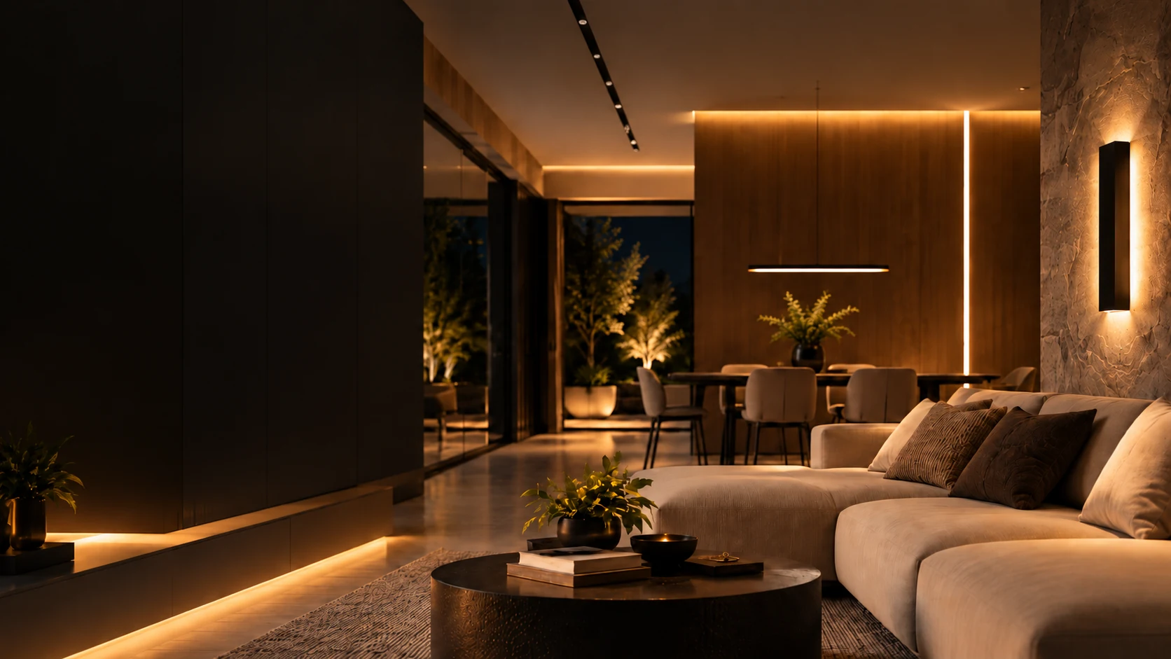 Ambiente contemporâneo com iluminação LED quente em sancas, perfis e arandelas